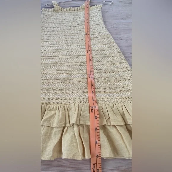 Linen Smocked Knee Length Dress - Yellow/ White Size: Estimate XS/S - Picture 14 of 14